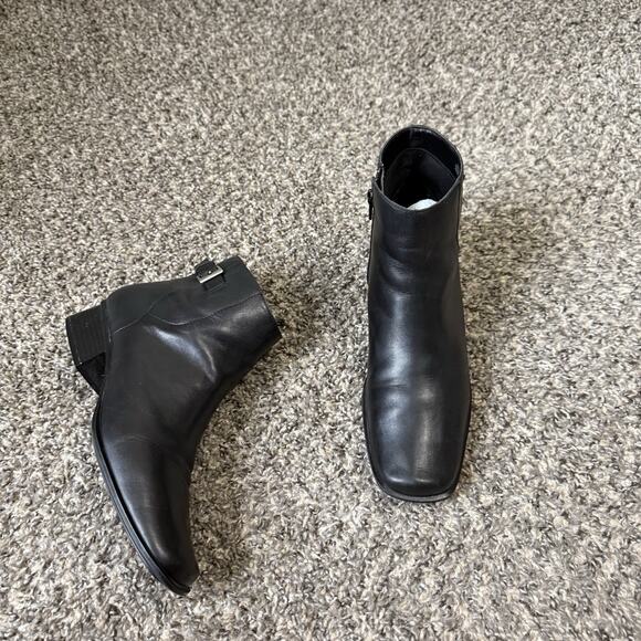 VTG Villager Ankle Boots Black Leather 8 M Block Low Heel 90s Classic Square Toe - Picture 1 of 10